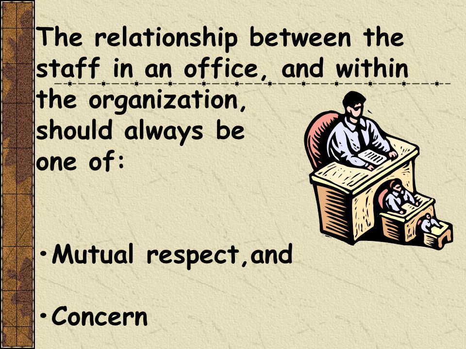 The relationship between the staff in an office, and within the organization, should always be one of: Mutual respect,and Concern