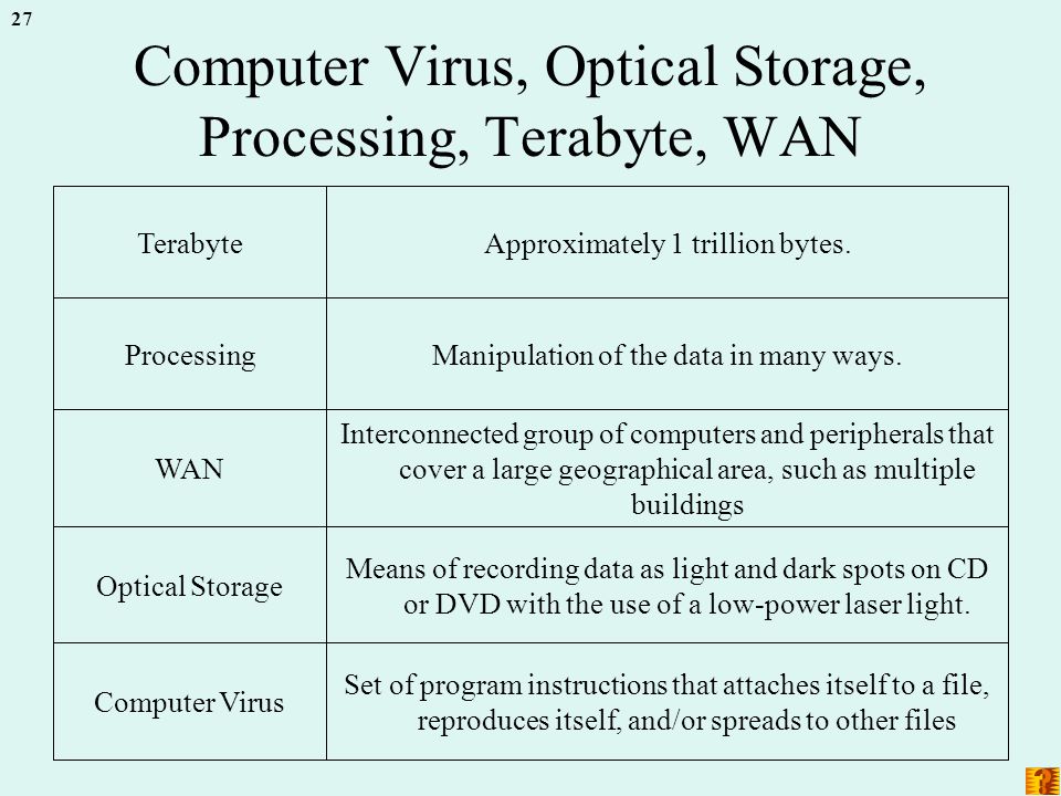 27 Computer Virus, Optical Storage, Processing, Terabyte, WAN Set of program instructions that attaches itself to a file, reproduces itself, and/or spreads to other files Computer Virus Means of recording data as light and dark spots on CD or DVD with the use of a low-power laser light.