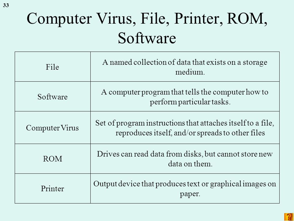 33 Computer Virus, File, Printer, ROM, Software Output device that produces text or graphical images on paper.