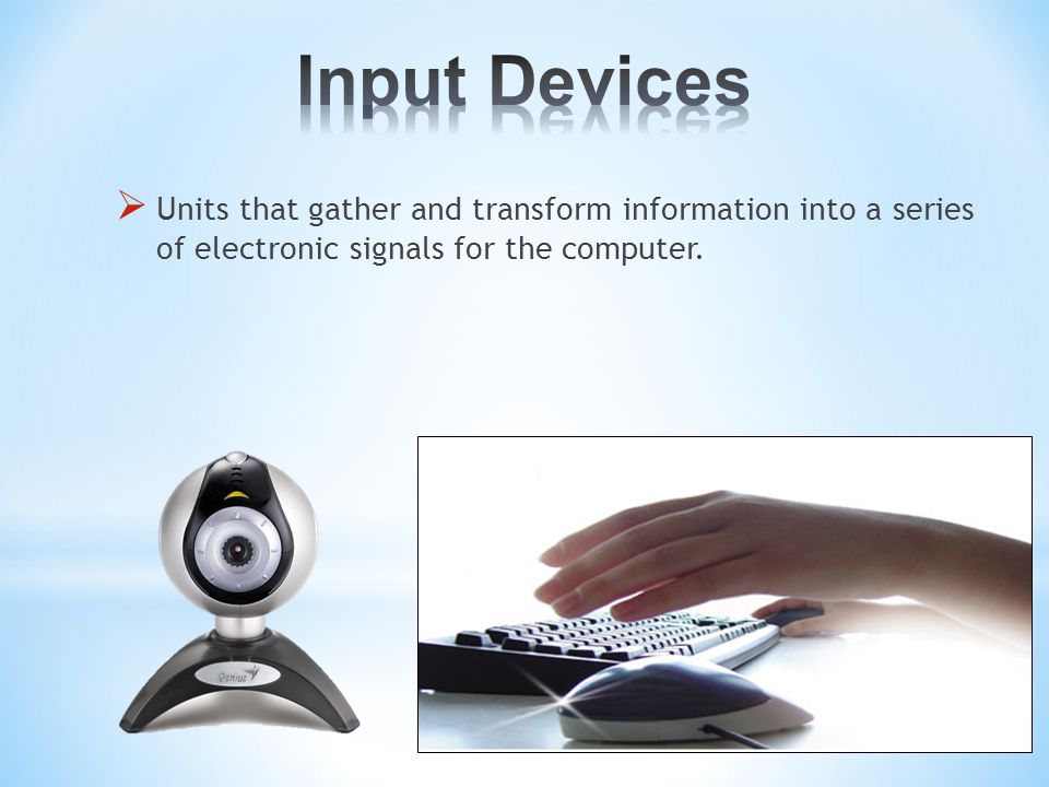  Units that gather and transform information into a series of electronic signals for the computer.