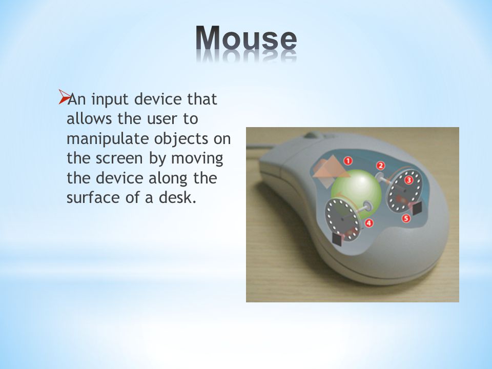  An input device that allows the user to manipulate objects on the screen by moving the device along the surface of a desk.