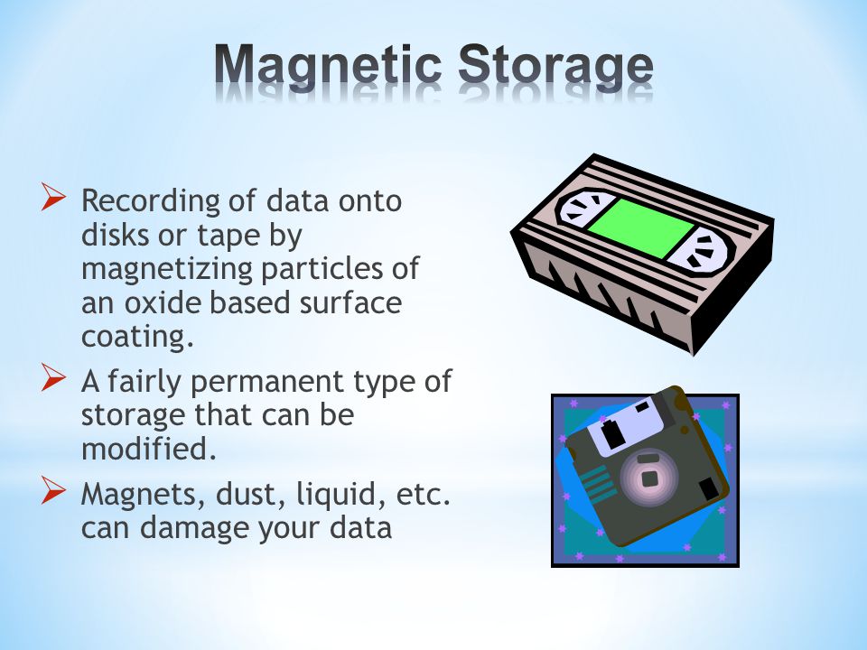  Recording of data onto disks or tape by magnetizing particles of an oxide based surface coating.