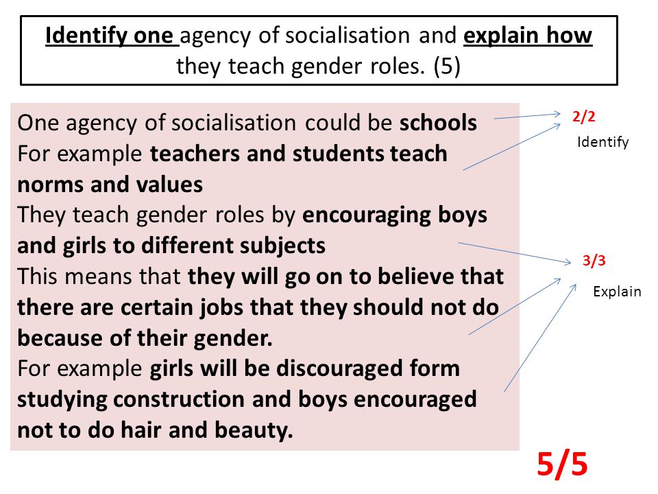 Identify one agency of socialisation and explain how they teach gender roles.
