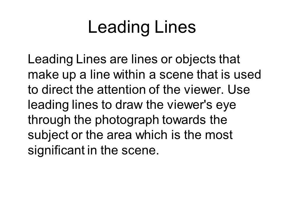 Leading Lines Leading Lines are lines or objects that make up a line within a scene that is used to direct the attention of the viewer.