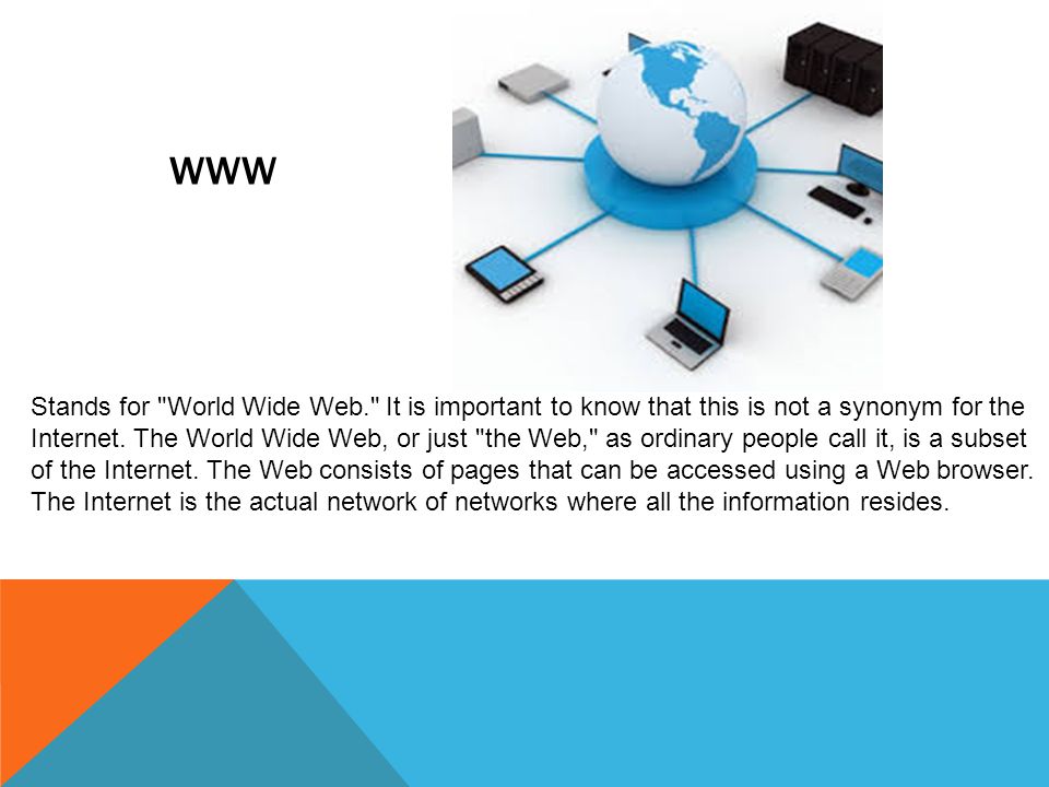 WWW Stands for World Wide Web. It is important to know that this is not a synonym for the Internet.
