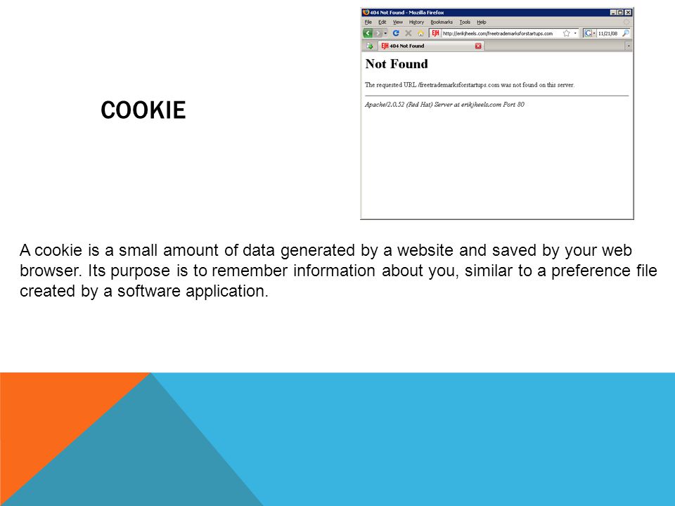 COOKIE A cookie is a small amount of data generated by a website and saved by your web browser.
