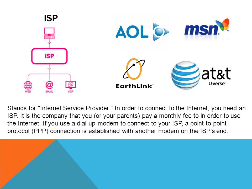 ISP Stands for Internet Service Provider. In order to connect to the Internet, you need an ISP.