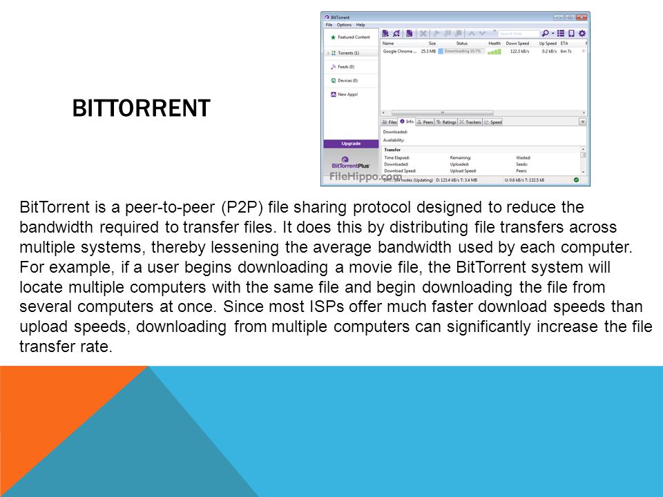 BITTORRENT BitTorrent is a peer-to-peer (P2P) file sharing protocol designed to reduce the bandwidth required to transfer files.