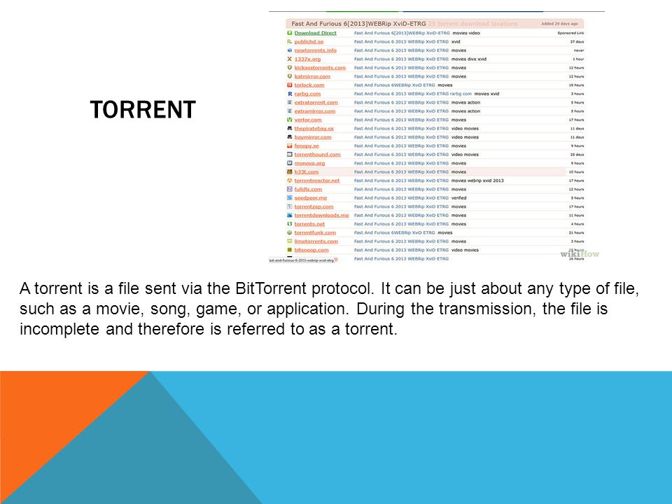 TORRENT A torrent is a file sent via the BitTorrent protocol.