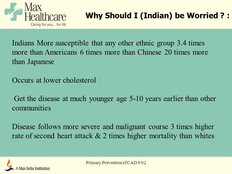 Primary Prevention of CAD 9/02 Indians More susceptible that any other ethnic group 3.4 times more than Americans 6 times more than Chinese 20 times more than Japanese Occurs at lower cholesterol Get the disease at much younger age 5-10 years earlier than other communities Disease follows more severe and malignant course 3 times higher rate of second heart attack & 2 times higher mortality than whites Why Should I (Indian) be Worried .