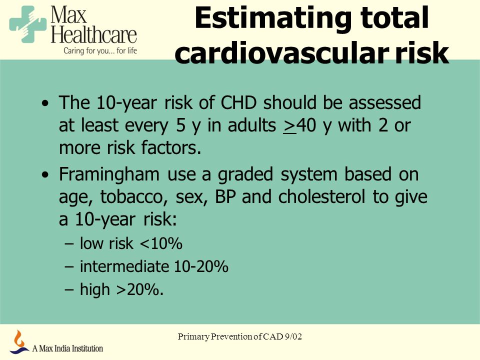 Primary Prevention of CAD 9/02 Estimating total cardiovascular risk The 10-year risk of CHD should be assessed at least every 5 y in adults >40 y with 2 or more risk factors.