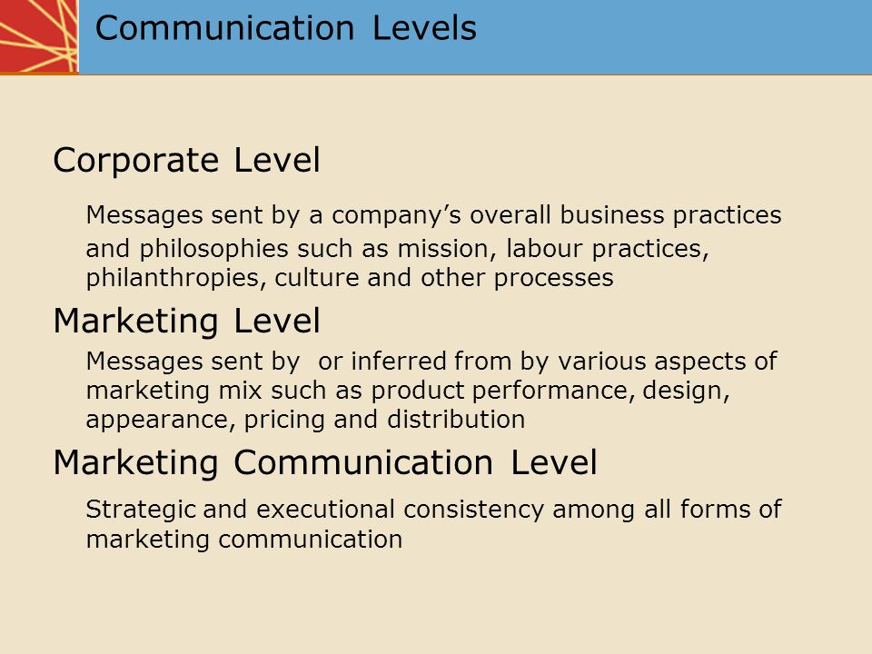 Communication Levels Corporate Level Messages sent by a company’s overall business practices and philosophies such as mission, labour practices, philanthropies, culture and other processes Marketing Level Messages sent by or inferred from by various aspects of marketing mix such as product performance, design, appearance, pricing and distribution Marketing Communication Level Strategic and executional consistency among all forms of marketing communication