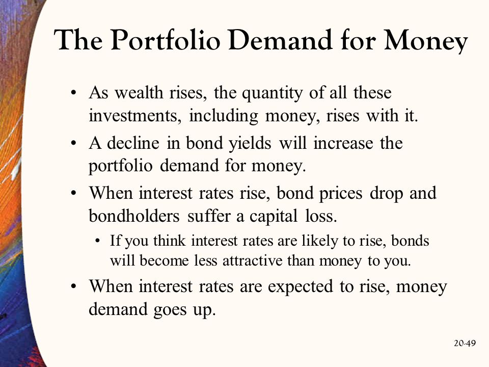 20-49 The Portfolio Demand for Money As wealth rises, the quantity of all these investments, including money, rises with it.