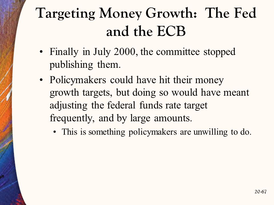20-67 Targeting Money Growth: The Fed and the ECB Finally in July 2000, the committee stopped publishing them.