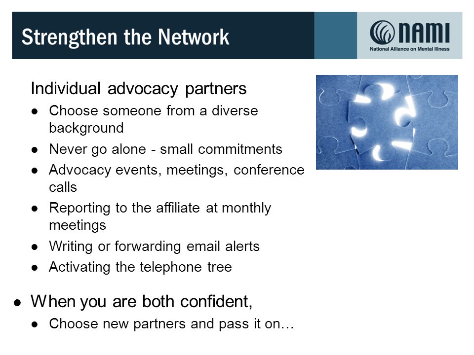 Individual advocacy partners Choose someone from a diverse background Never go alone - small commitments Advocacy events, meetings, conference calls Reporting to the affiliate at monthly meetings Writing or forwarding  alerts Activating the telephone tree When you are both confident, Choose new partners and pass it on…
