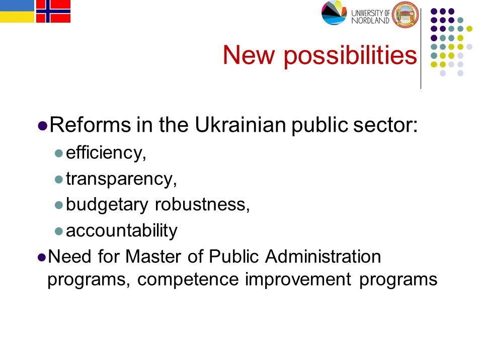 New possibilities ●Reforms in the Ukrainian public sector: ●efficiency, ●transparency, ●budgetary robustness, ●accountability ●Need for Master of Public Administration programs, competence improvement programs