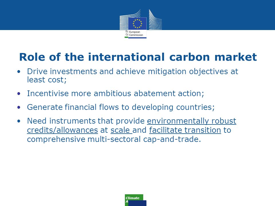 Climate Action Role of the international carbon market Drive investments and achieve mitigation objectives at least cost; Incentivise more ambitious abatement action; Generate financial flows to developing countries; Need instruments that provide environmentally robust credits/allowances at scale and facilitate transition to comprehensive multi-sectoral cap-and-trade.