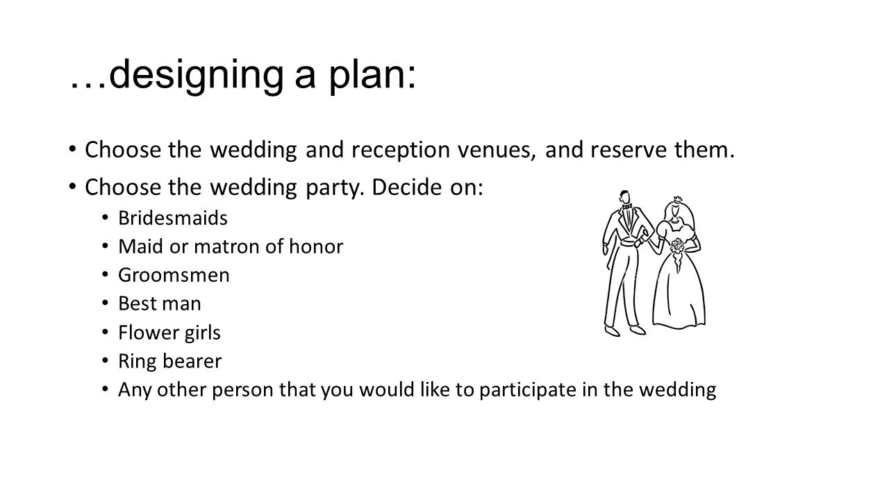 …designing a plan: Choose the wedding and reception venues, and reserve them.