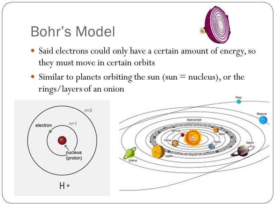 Bohr’s Model Said electrons could only have a certain amount of energy, so they must move in certain orbits Similar to planets orbiting the sun (sun = nucleus), or the rings/layers of an onion