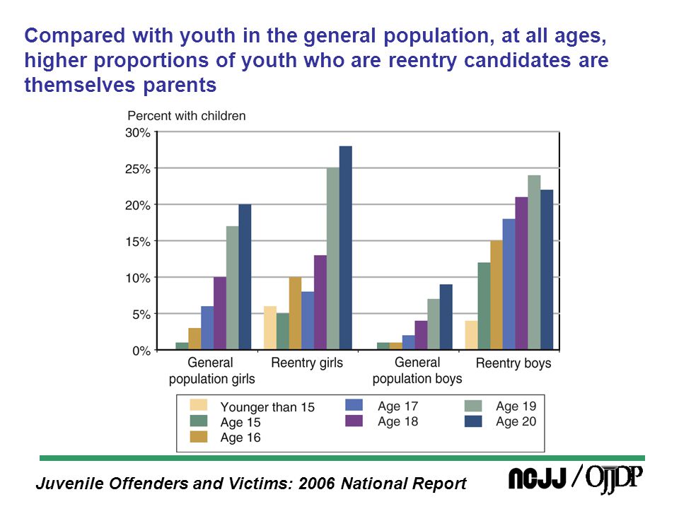 Juvenile Offenders and Victims: 2006 National Report Compared with youth in the general population, at all ages, higher proportions of youth who are reentry candidates are themselves parents