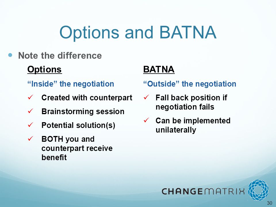 30 Options and BATNA Note the difference Options Inside the negotiation Created with counterpart Brainstorming session Potential solution(s) BOTH you and counterpart receive benefit BATNA Outside the negotiation Fall back position if negotiation fails Can be implemented unilaterally