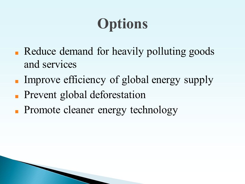 Options ■ Reduce demand for heavily polluting goods and services ■ Improve efficiency of global energy supply ■ Prevent global deforestation ■ Promote cleaner energy technology