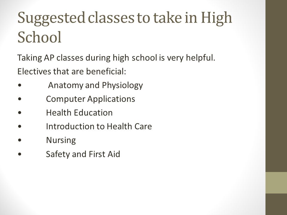 Suggested classes to take in High School Taking AP classes during high school is very helpful.