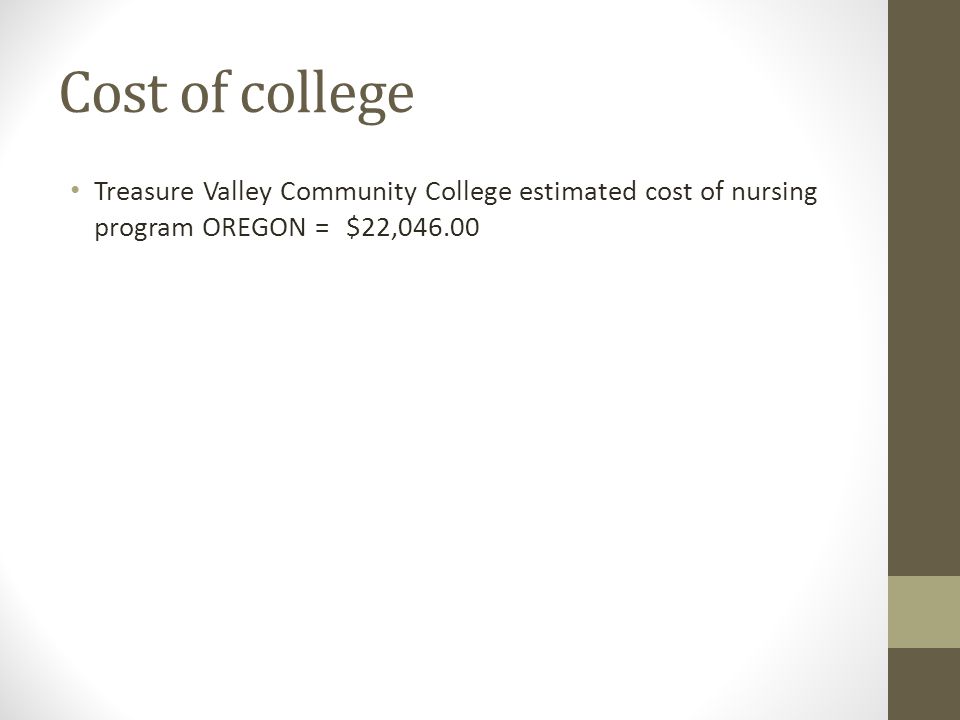 Cost of college Treasure Valley Community College estimated cost of nursing program OREGON =$22,046.00