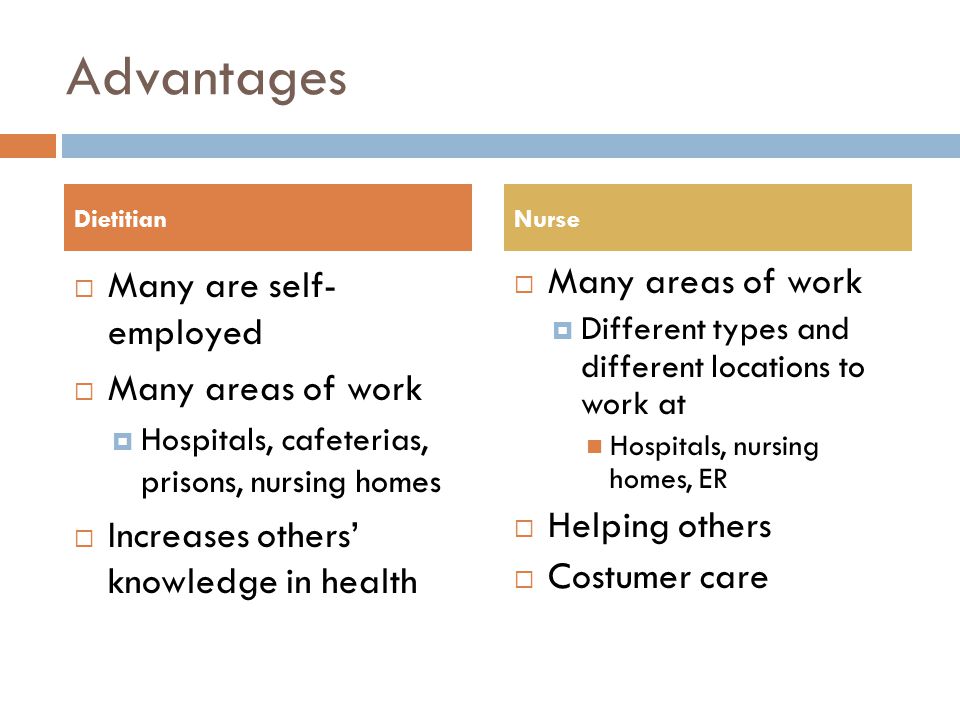 Advantages  Many are self- employed  Many areas of work  Hospitals, cafeterias, prisons, nursing homes  Increases others’ knowledge in health  Many areas of work  Different types and different locations to work at Hospitals, nursing homes, ER  Helping others  Costumer care DietitianNurse