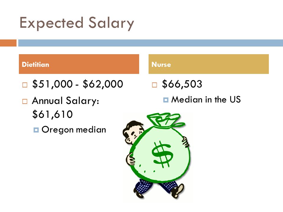 Expected Salary  $51,000 - $62,000  Annual Salary: $61,610  Oregon median  $66,503  Median in the US DietitianNurse