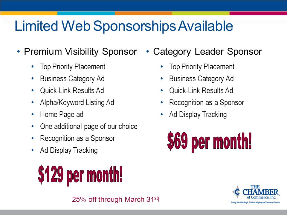Limited Web Sponsorships Available Category Leader Sponsor Top Priority Placement Business Category Ad Quick-Link Results Ad Recognition as a Sponsor Ad Display Tracking Premium Visibility Sponsor Top Priority Placement Business Category Ad Quick-Link Results Ad Alpha/Keyword Listing Ad Home Page ad One additional page of our choice Recognition as a Sponsor Ad Display Tracking 25% off through March 31 st !