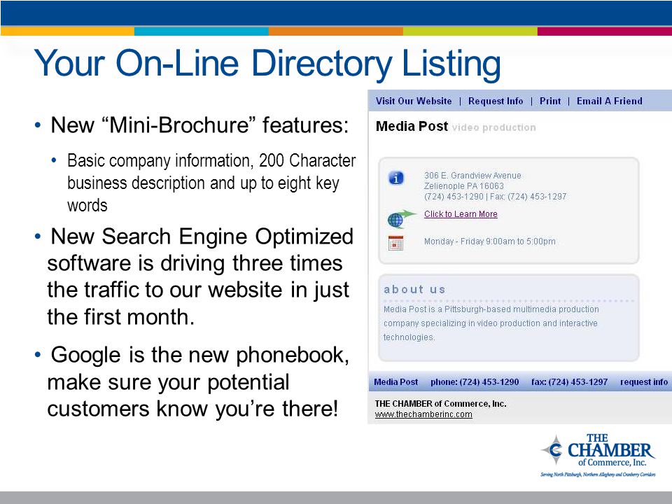 Your On-Line Directory Listing New Mini-Brochure features: Basic company information, 200 Character business description and up to eight key words New Search Engine Optimized software is driving three times the traffic to our website in just the first month.