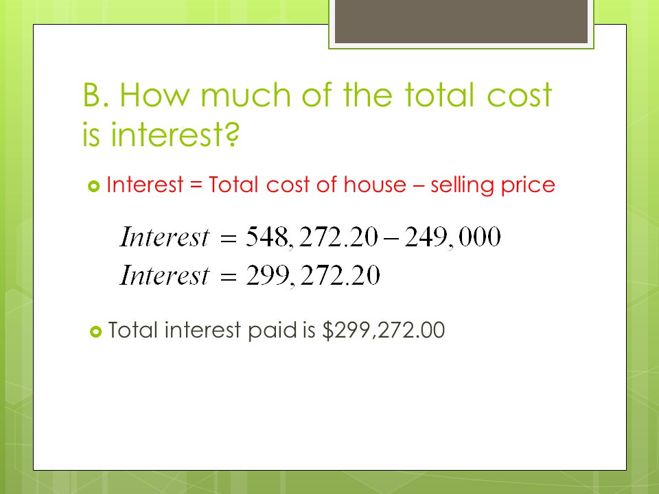 B. How much of the total cost is interest.