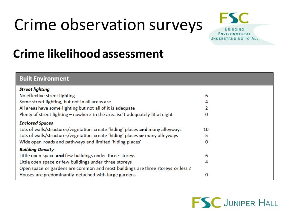 Crime observation surveys Crime likelihood assessment