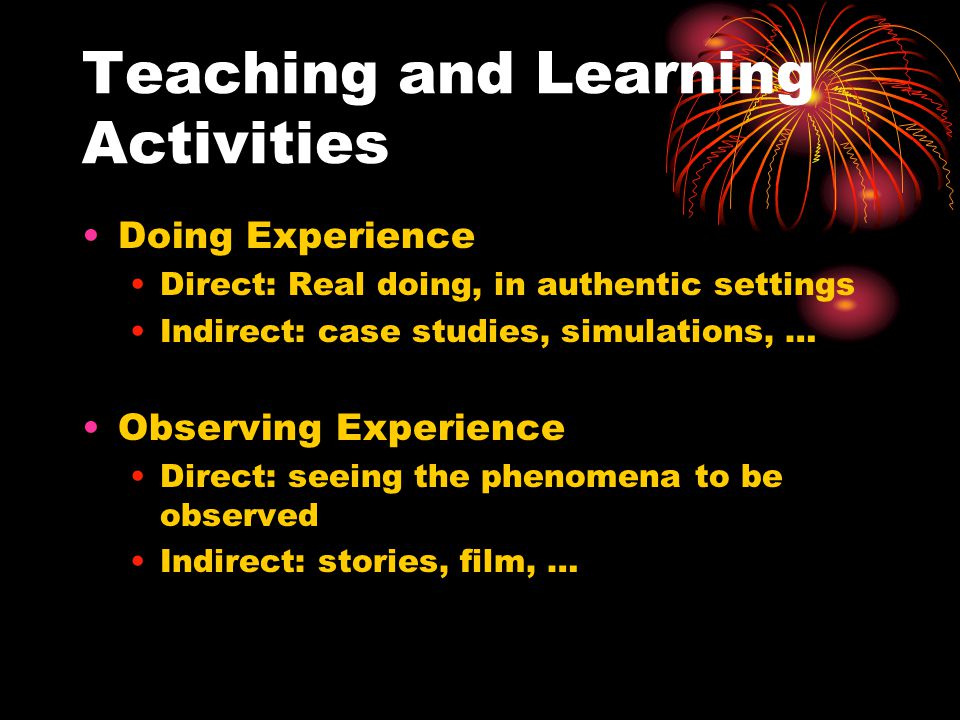 Teaching and Learning Activities Doing Experience Direct: Real doing, in authentic settings Indirect: case studies, simulations, … Observing Experience Direct: seeing the phenomena to be observed Indirect: stories, film, …