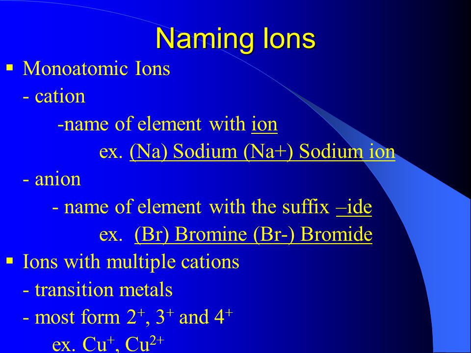 Naming Ions  Monoatomic Ions - cation -name of element with ion ex.