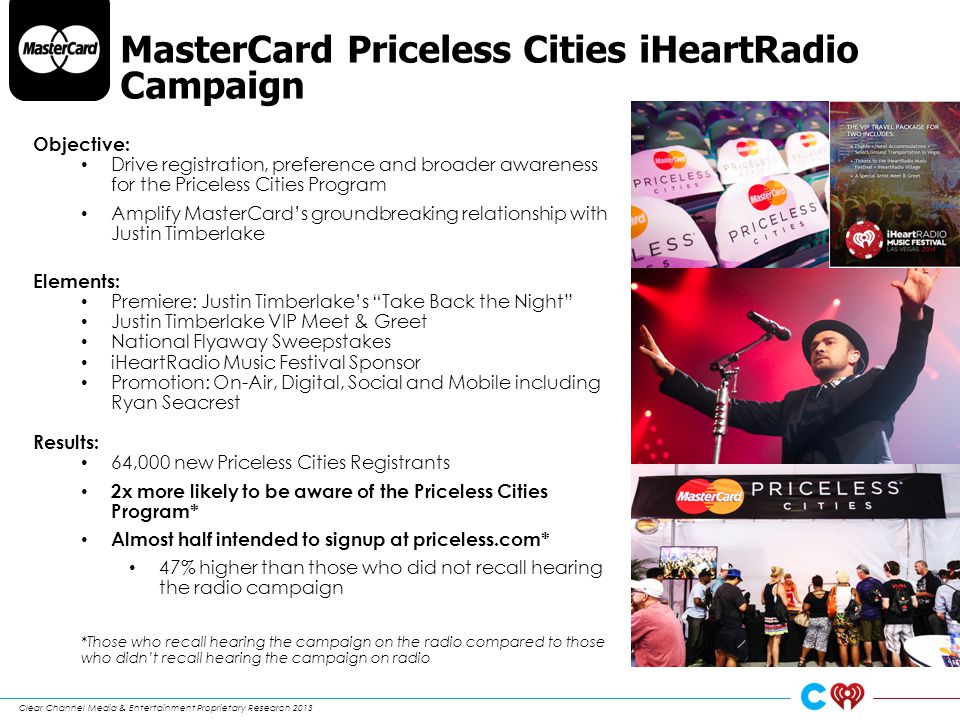 MasterCard Priceless Cities iHeartRadio Campaign Objective: Drive registration, preference and broader awareness for the Priceless Cities Program Amplify MasterCard’s groundbreaking relationship with Justin Timberlake Elements: Premiere: Justin Timberlake’s Take Back the Night Justin Timberlake VIP Meet & Greet National Flyaway Sweepstakes iHeartRadio Music Festival Sponsor Promotion: On-Air, Digital, Social and Mobile including Ryan Seacrest Results: 64,000 new Priceless Cities Registrants 2x more likely to be aware of the Priceless Cities Program* Almost half intended to signup at priceless.com* 47% higher than those who did not recall hearing the radio campaign *Those who recall hearing the campaign on the radio compared to those who didn’t recall hearing the campaign on radio Clear Channel Media & Entertainment Proprietary Research 2013