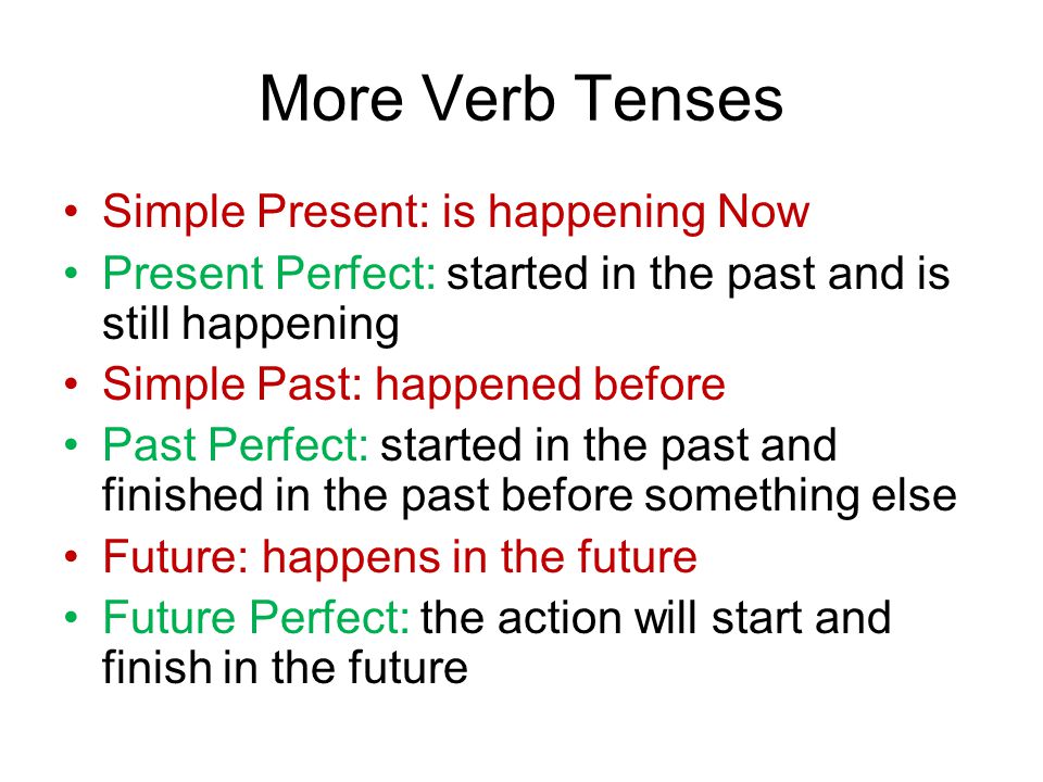 More Verb Tenses Simple Present: is happening Now Present Perfect: started in the past and is still happening Simple Past: happened before Past Perfect: started in the past and finished in the past before something else Future: happens in the future Future Perfect: the action will start and finish in the future