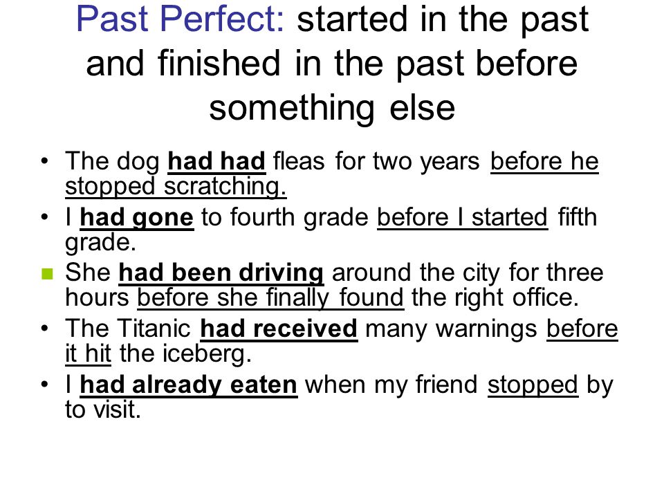 Past Perfect: started in the past and finished in the past before something else The dog had had fleas for two years before he stopped scratching.