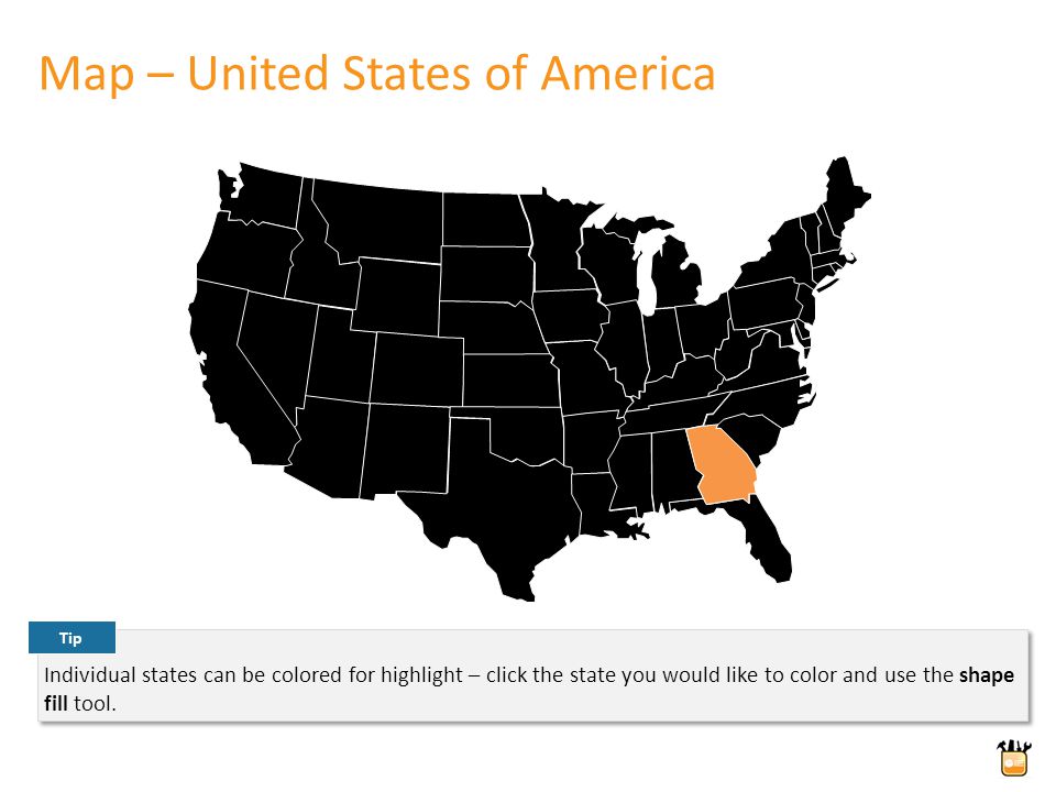 Map – United States of America Individual states can be colored for highlight – click the state you would like to color and use the shape fill tool.