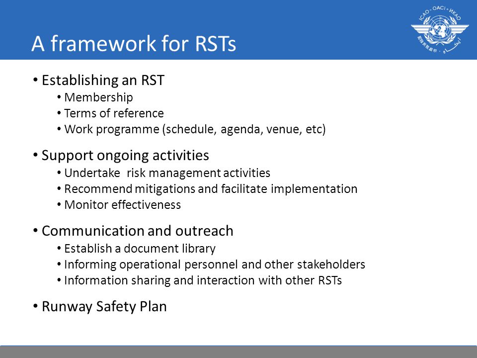 A framework for RSTs Establishing an RST Membership Terms of reference Work programme (schedule, agenda, venue, etc) Support ongoing activities Undertake risk management activities Recommend mitigations and facilitate implementation Monitor effectiveness Communication and outreach Establish a document library Informing operational personnel and other stakeholders Information sharing and interaction with other RSTs Runway Safety Plan