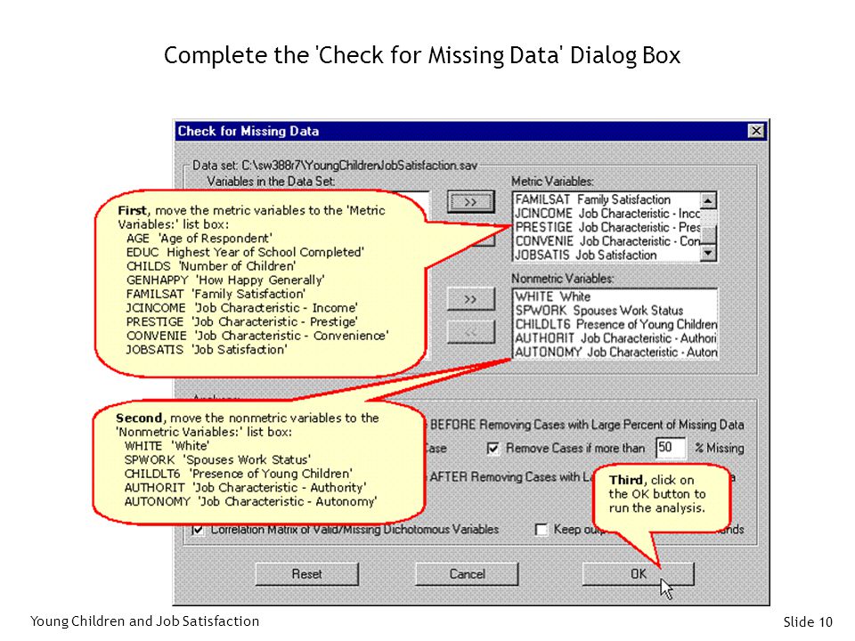 Slide 10 Complete the Check for Missing Data Dialog Box Young Children and Job Satisfaction