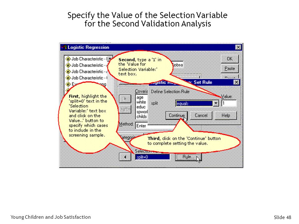 Slide 48 Specify the Value of the Selection Variable for the Second Validation Analysis Young Children and Job Satisfaction