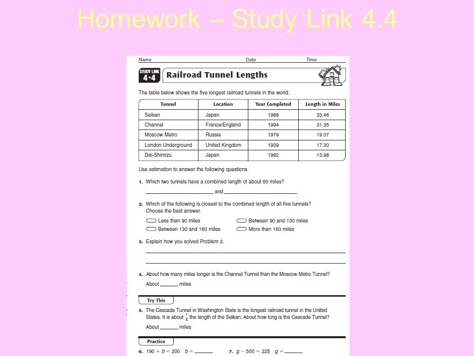 Homework – Study Link 4.4