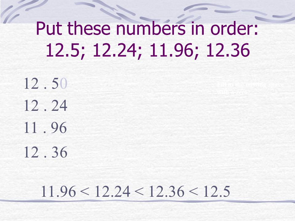 Put these numbers in order: 12.5; 12.24; 11.96;