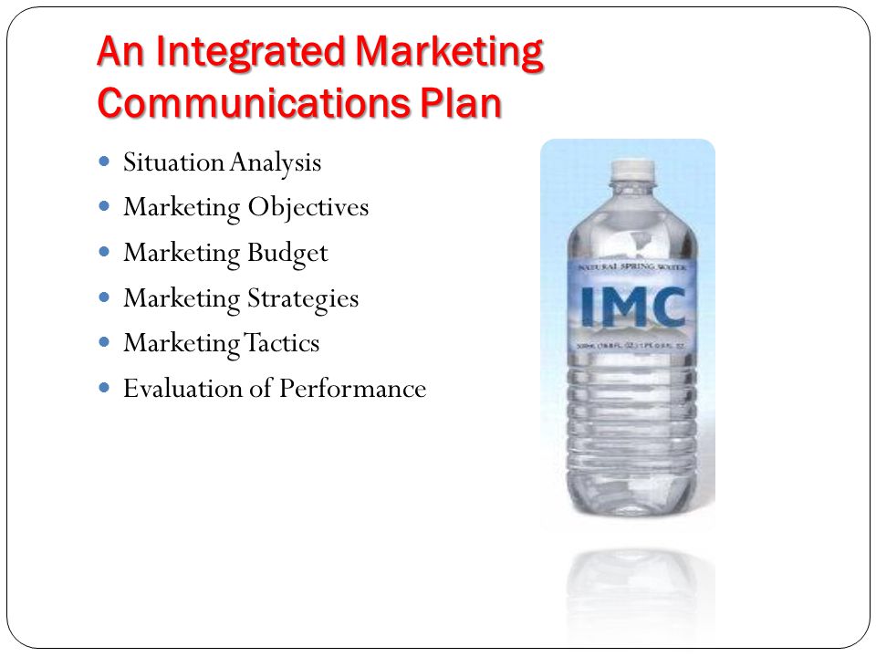 An Integrated Marketing Communications Plan Situation Analysis Marketing Objectives Marketing Budget Marketing Strategies Marketing Tactics Evaluation of Performance
