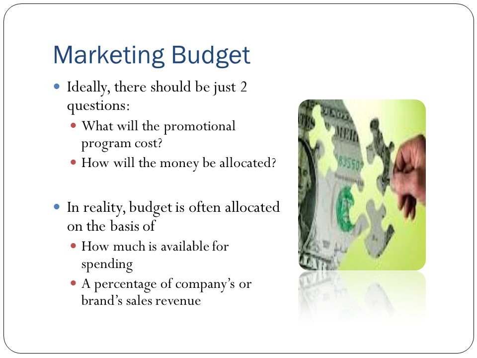 Marketing Budget Ideally, there should be just 2 questions: What will the promotional program cost.