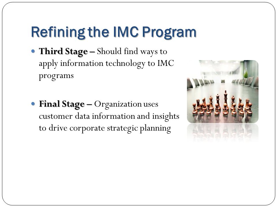 Refining the IMC Program Third Stage – Third Stage – Should find ways to apply information technology to IMC programs Final Stage – Final Stage – Organization uses customer data information and insights to drive corporate strategic planning