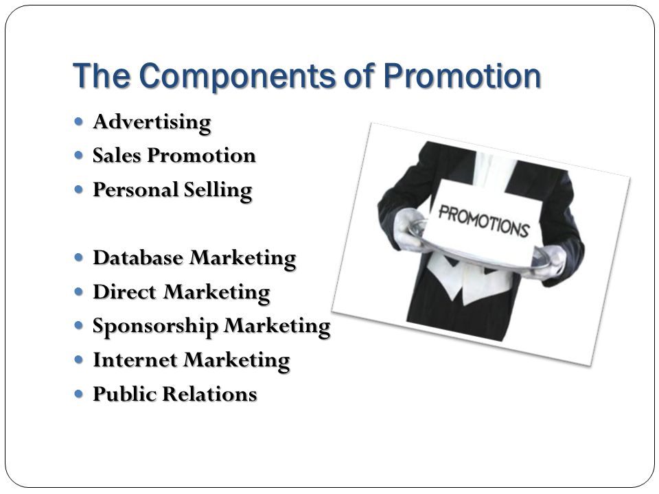 The Components of Promotion Advertising Advertising Sales Promotion Sales Promotion Personal Selling Personal Selling Database Marketing Database Marketing Direct Marketing Direct Marketing Sponsorship Marketing Sponsorship Marketing Internet Marketing Internet Marketing Public Relations Public Relations
