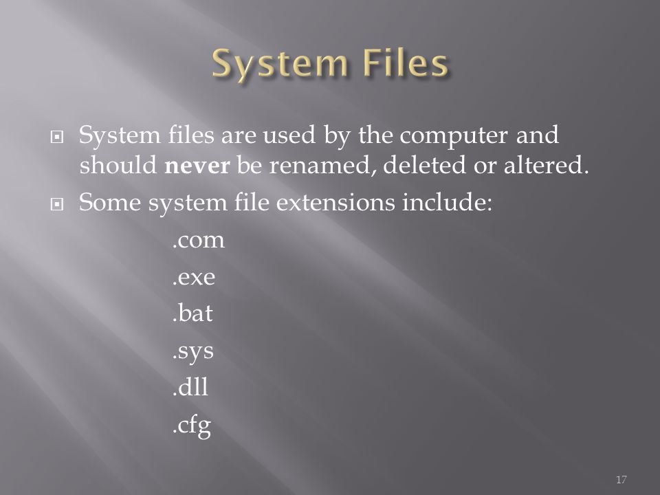  System files are used by the computer and should never be renamed, deleted or altered.